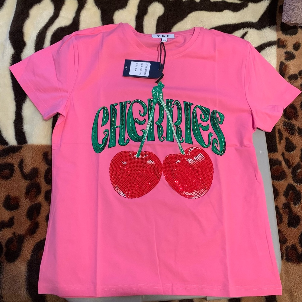 Vibrant Pink Cherries Graphic Tee with rhinestones